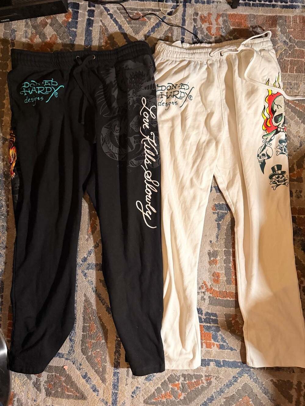 Ed Hardy Crawling Tiger & Flame Skull Sweatpants Sz 2XL Black & White (Lot of 2)